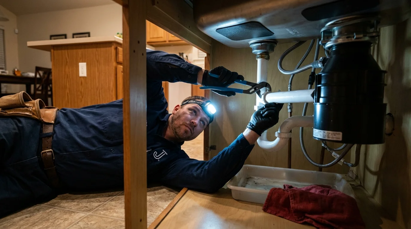 P-trap and supply line connections under a kitchen sink showing a common leak point in Kenly, NC